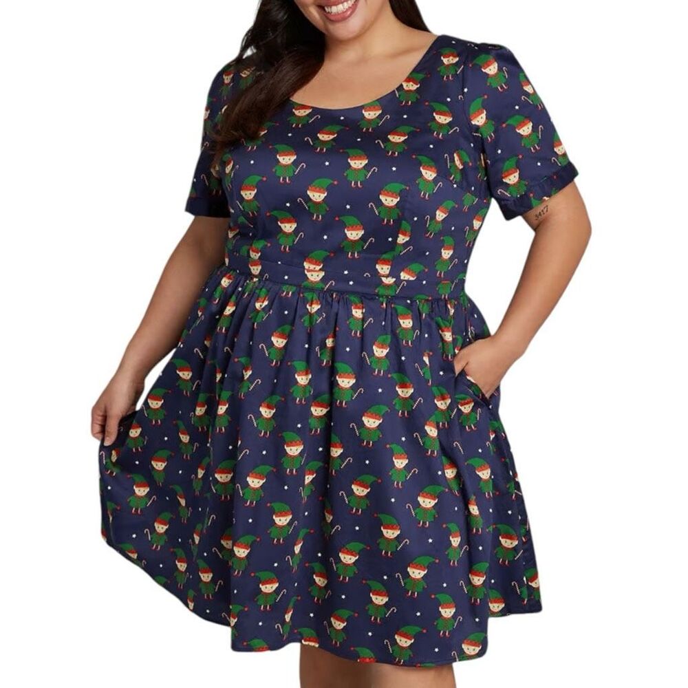 NWT Modcloth What's The Scoop? A-Line Dress Navy Elf Holiday Print Womens XL